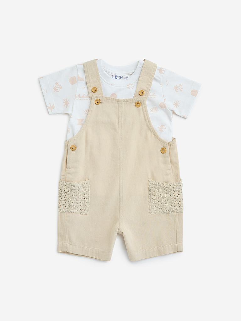 HOP Baby Beige Cotton Dungaree with Printed T-Shirt Set