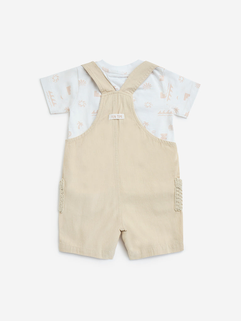 HOP Baby Beige Cotton Dungaree with Printed T-Shirt Set