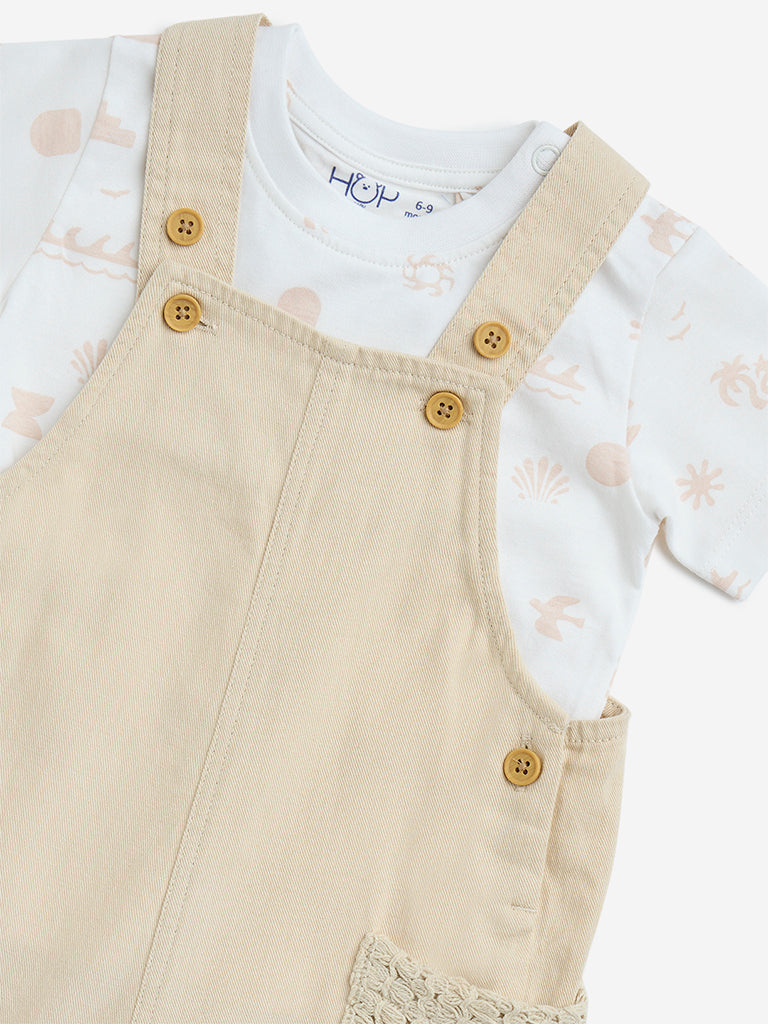 HOP Baby Beige Cotton Dungaree with Printed T-Shirt Set