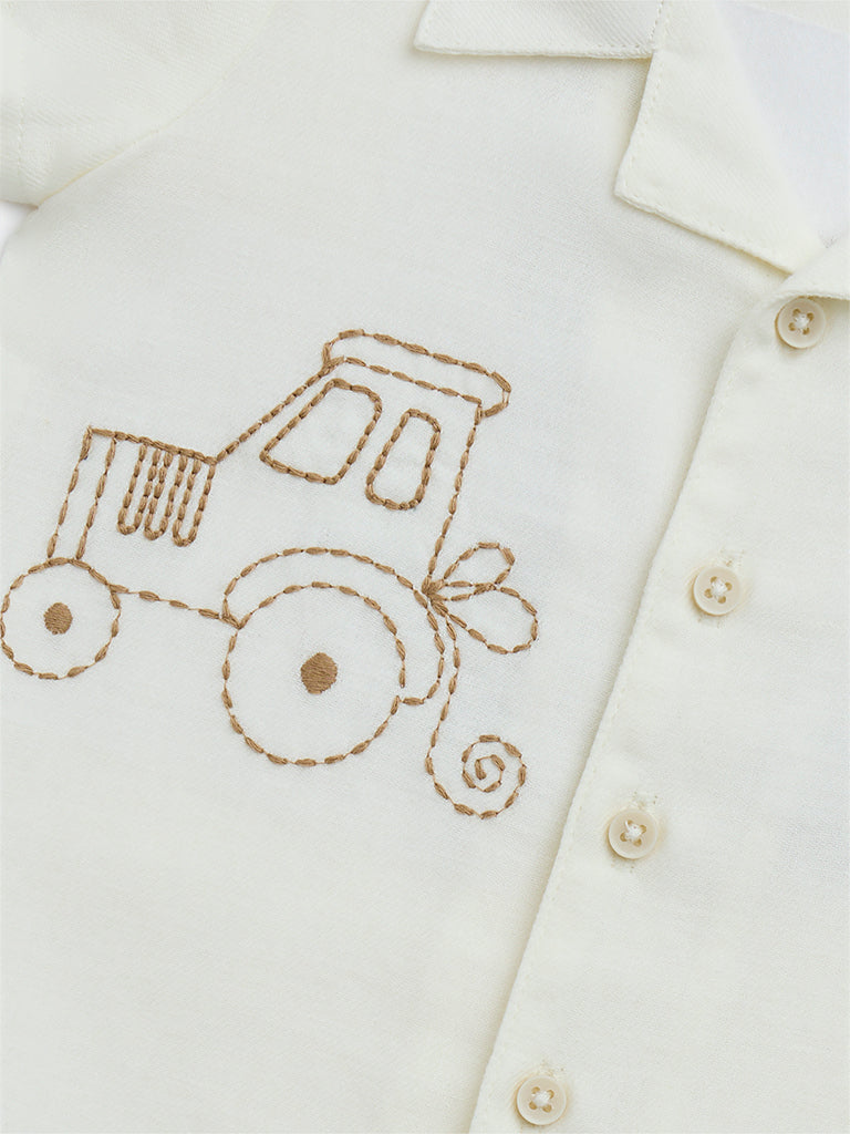 HOP Baby Off-White Embroidered Cotton-Blend Shirt