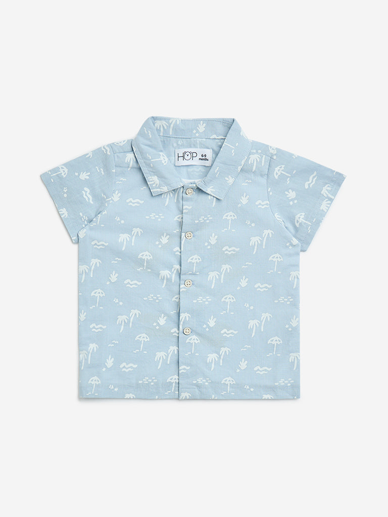 HOP Baby Blue Tropical-Themed Cotton Shirt