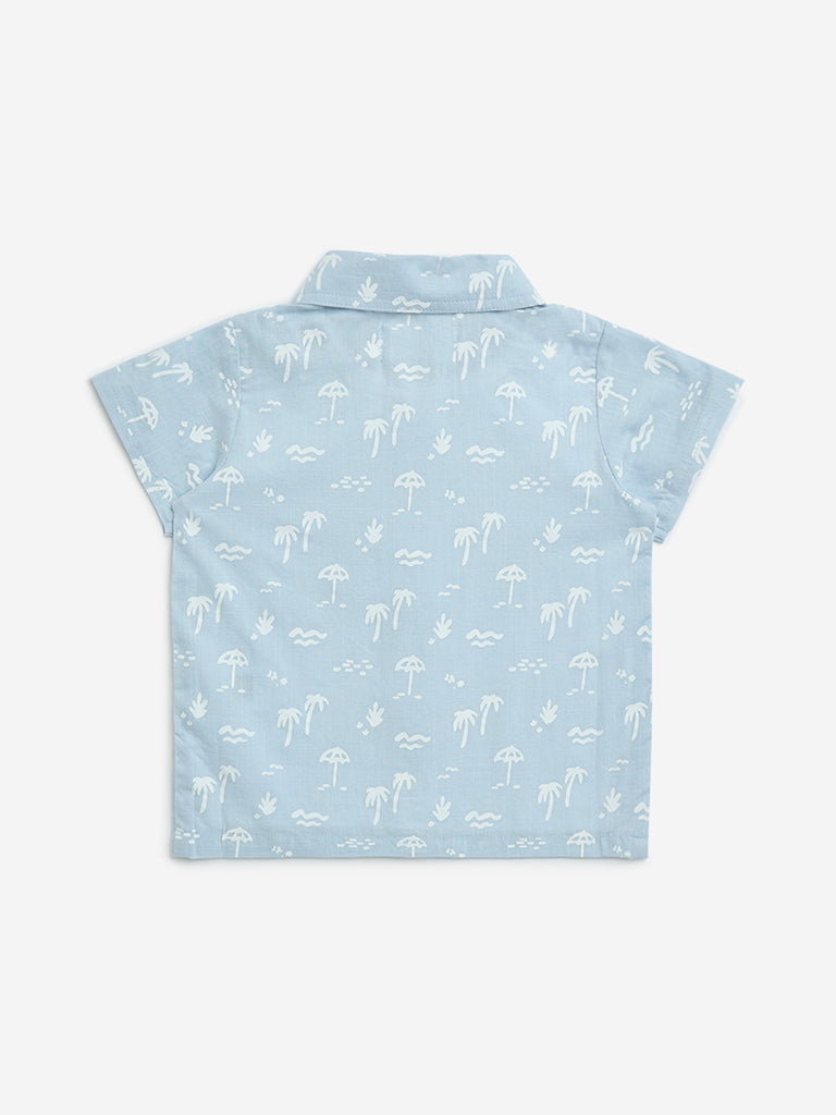 HOP Baby Blue Tropical-Themed Cotton Shirt