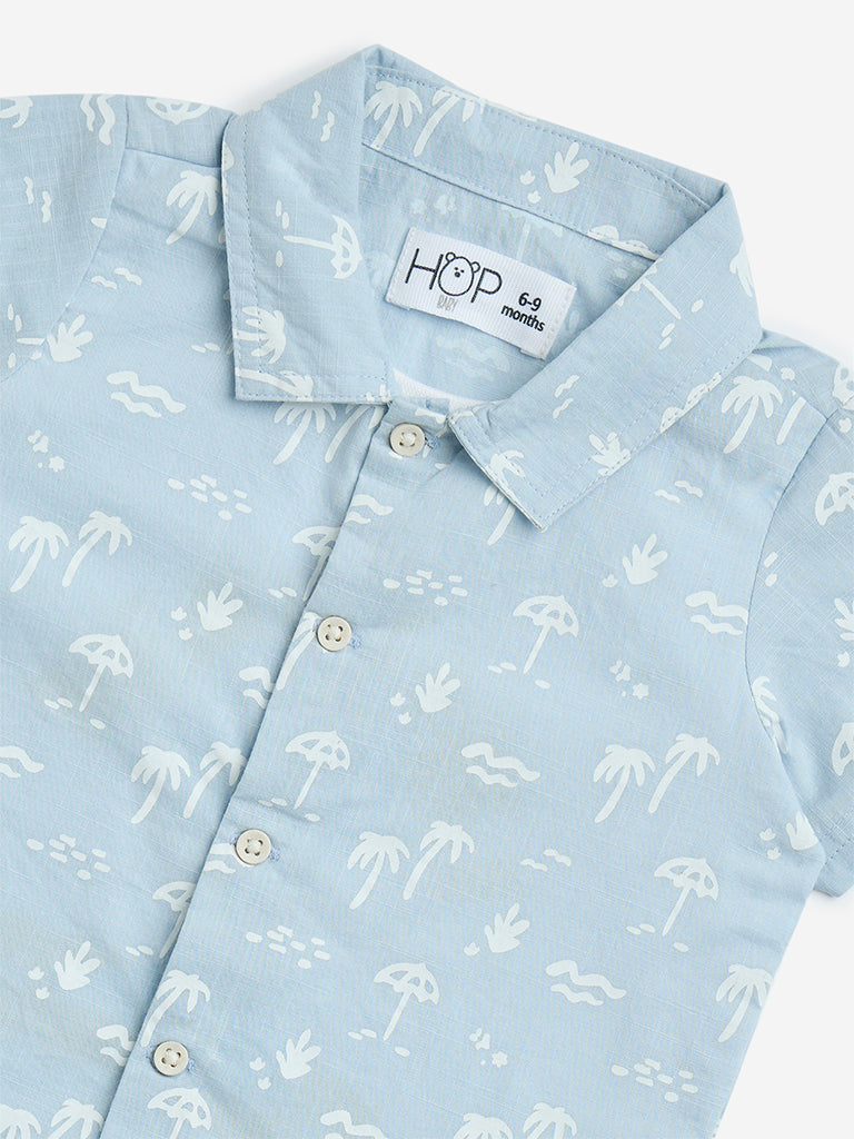 HOP Baby Blue Tropical-Themed Cotton Shirt