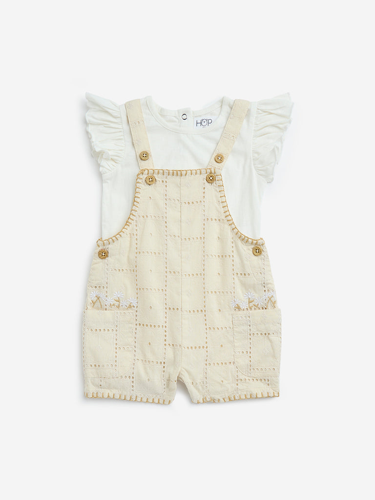 HOP Baby Beige Crochet Cotton Dungaree with T-Shirt Set