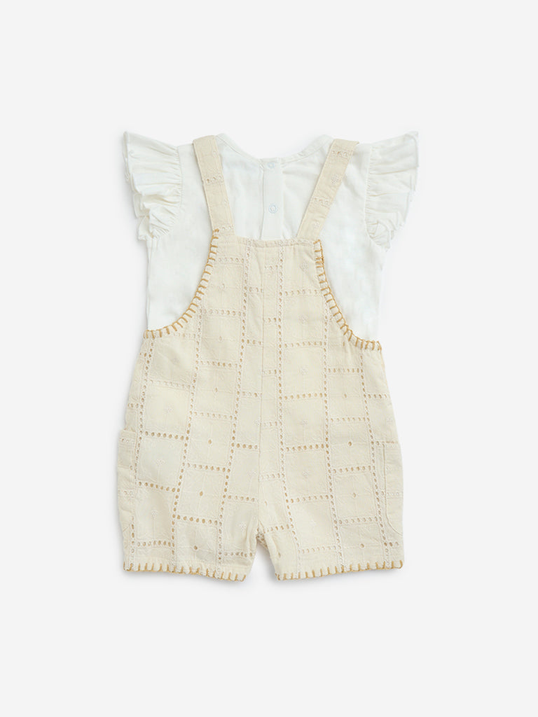 HOP Baby Beige Crochet Cotton Dungaree with T-Shirt Set