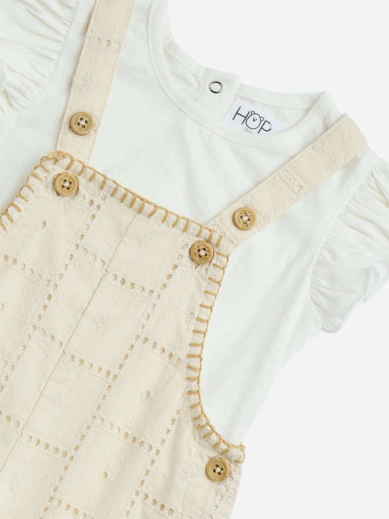 HOP Baby Beige Crochet Cotton Dungaree with T-Shirt Set