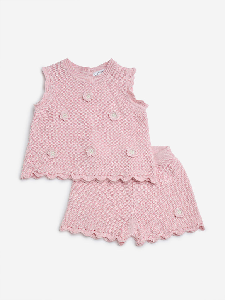 HOP Baby Pink Crochet-Detailed Cotton Top with Shorts Set