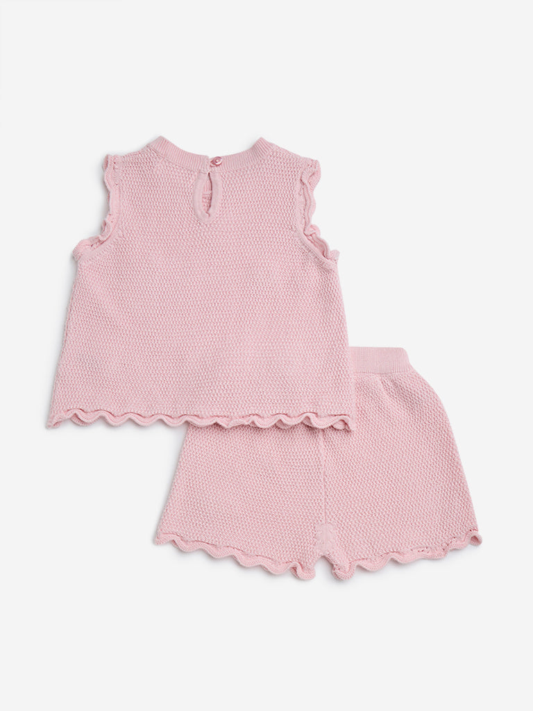 HOP Baby Pink Crochet-Detailed Cotton Top with Shorts Set