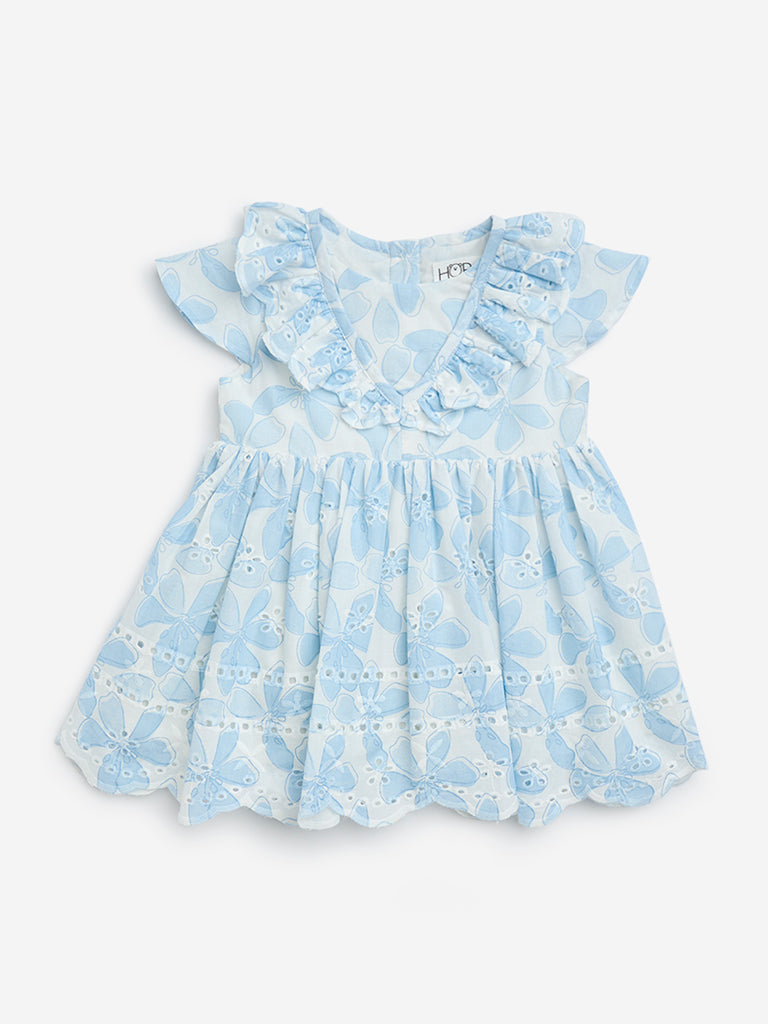 HOP Baby Light Blue Floral Pattern Cotton A-Line Dress