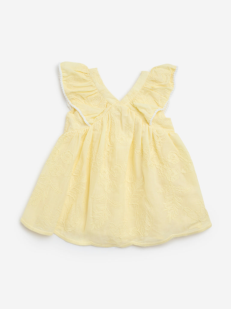 HOP Baby Yellow Floral Embroidered Cotton A-Line Dress