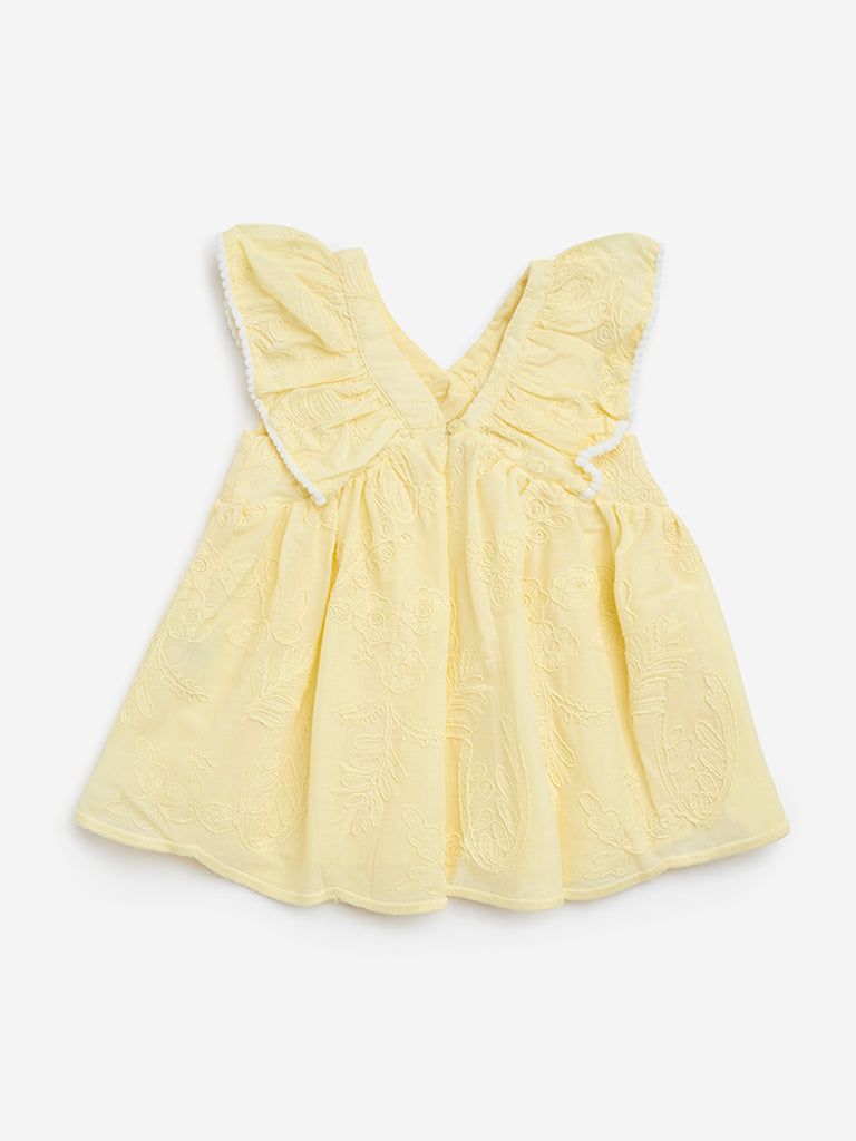 HOP Baby Yellow Floral Embroidered Cotton A-Line Dress