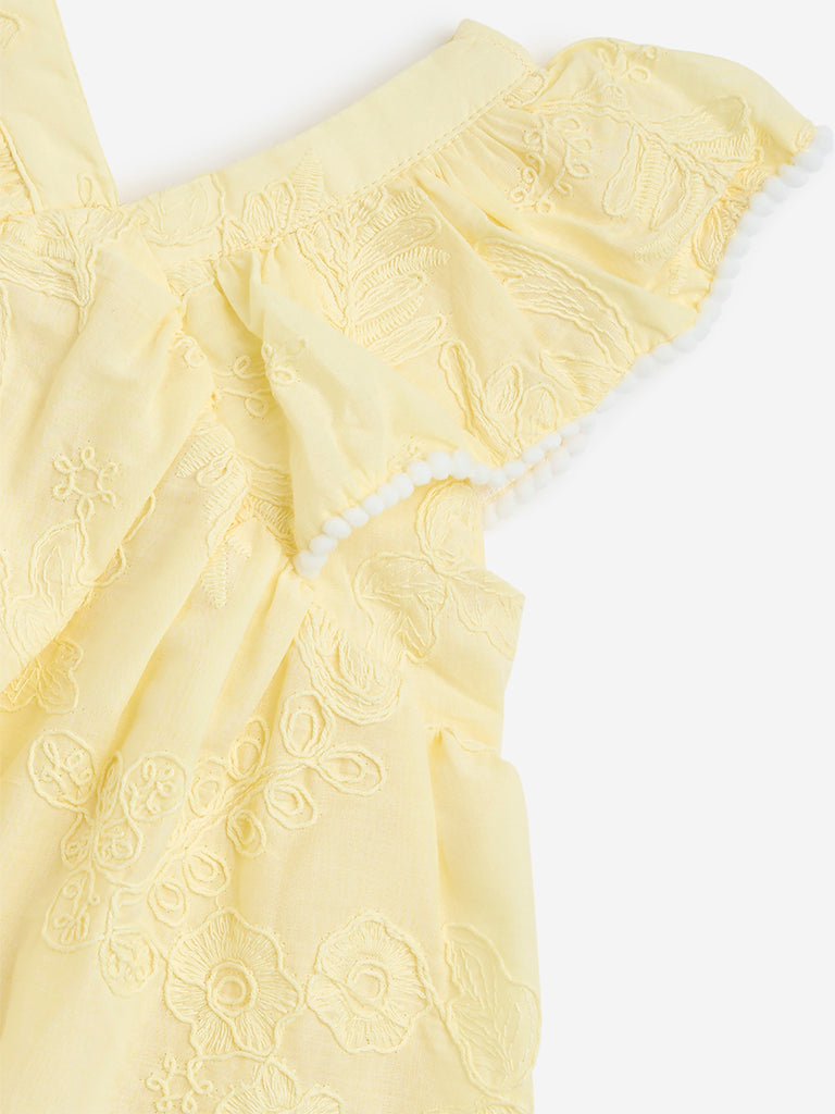 HOP Baby Yellow Floral Embroidered Cotton A-Line Dress