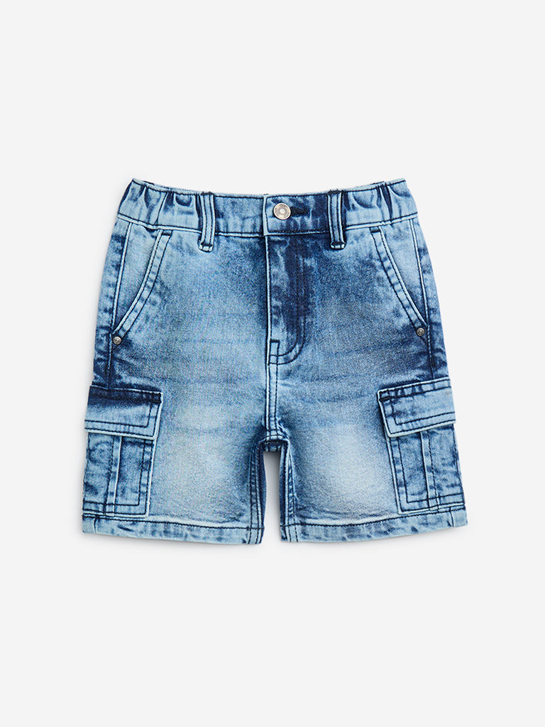 HOP Kids Blue High-Rise Washed Cargo Shorts