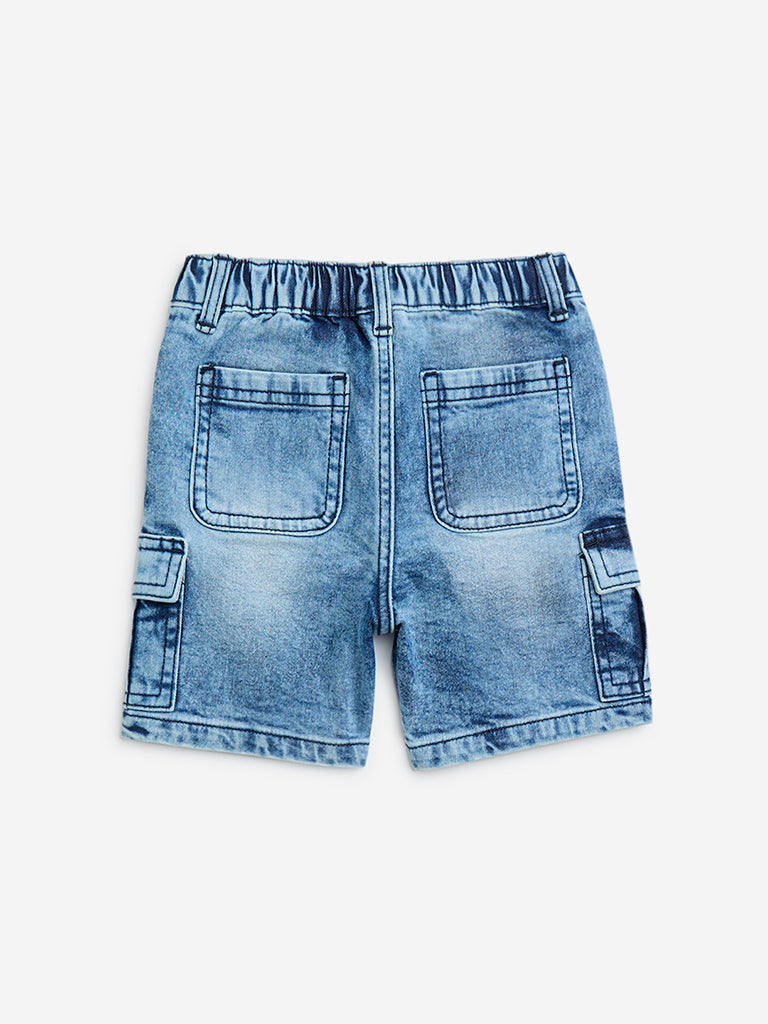 HOP Kids Blue High-Rise Washed Cargo Shorts