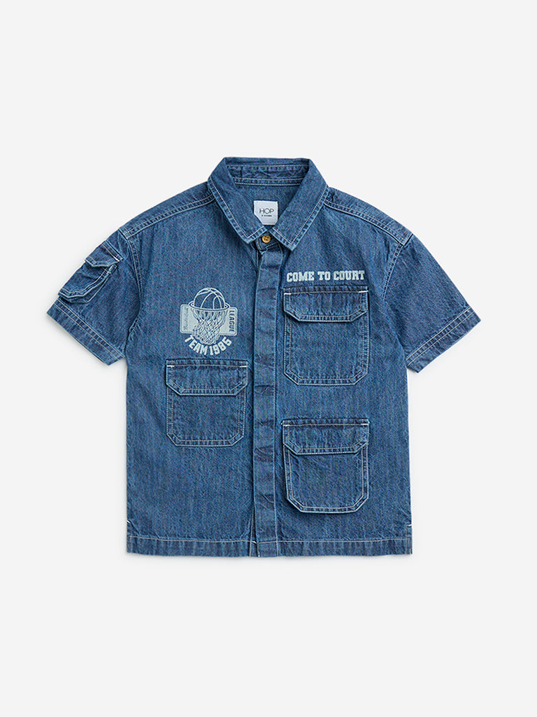 HOP Kids Blue Typographic Denim Shirt