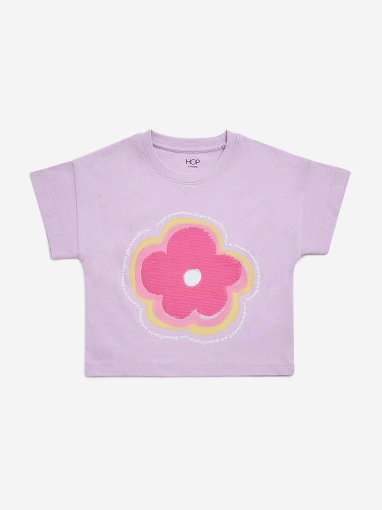 HOP Kids Lilac Sequin Embellished Cotton T-Shirt