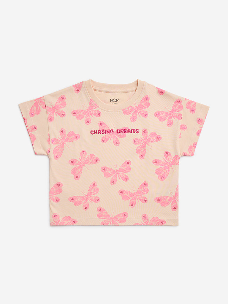 HOP Kids Peach Butterfly Printed Cotton T-Shirt