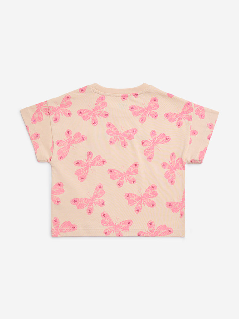 HOP Kids Peach Butterfly Printed Cotton T-Shirt