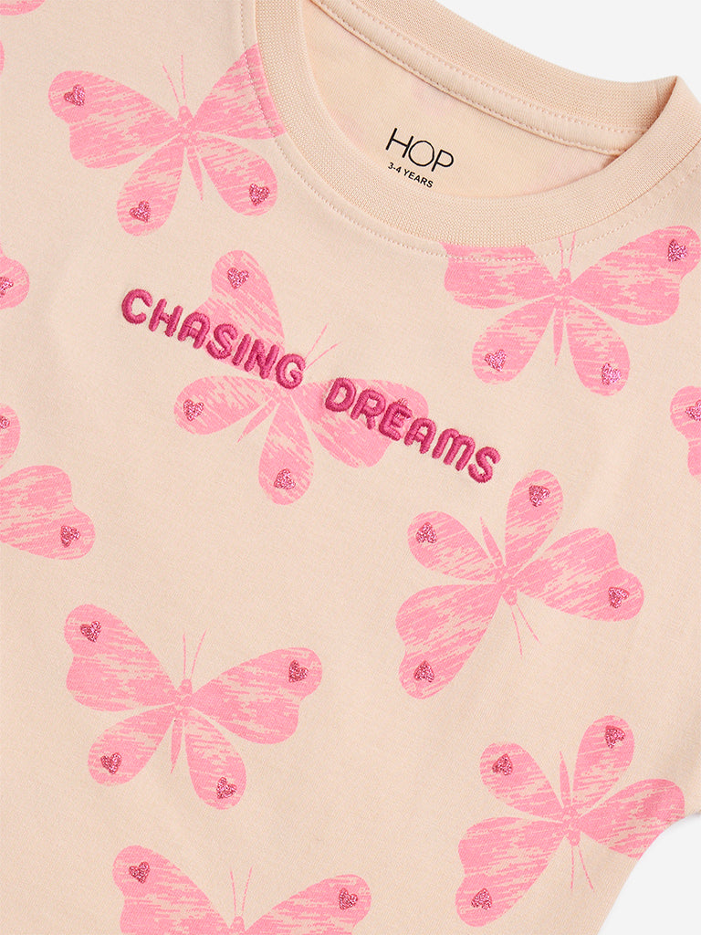 HOP Kids Peach Butterfly Printed Cotton T-Shirt