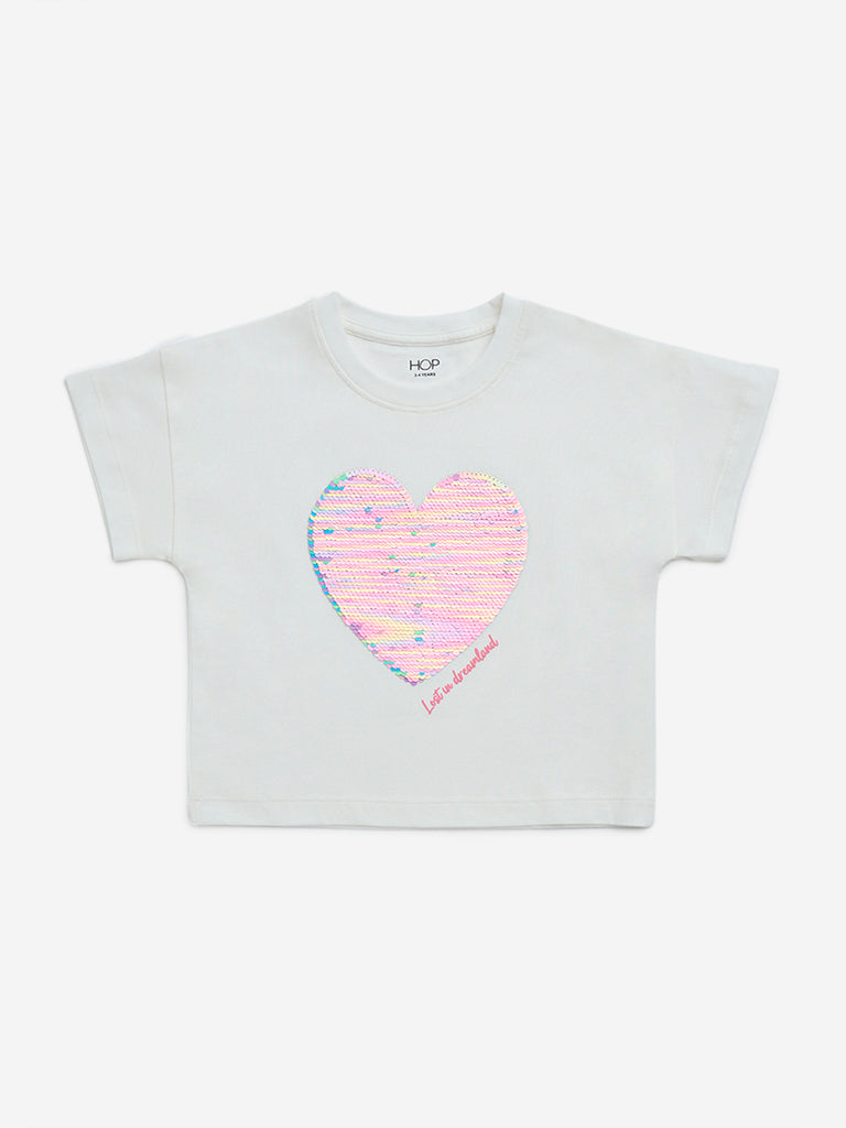 HOP Kids White Sequin Embellished Cotton T-Shirt