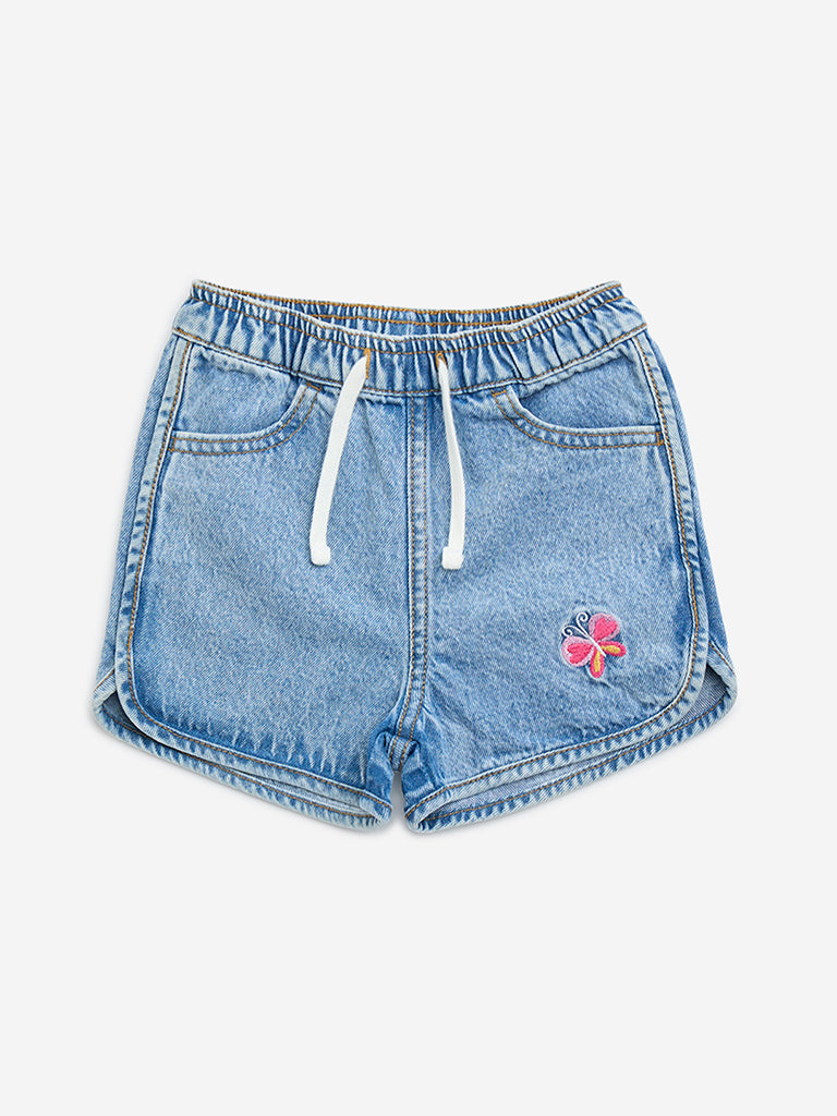 HOP Kids Light Blue Embroidered Mid-Rise Denim Shorts