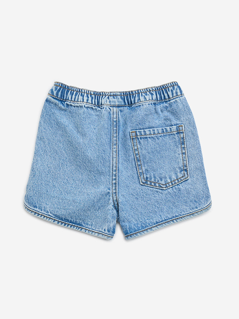 HOP Kids Light Blue Embroidered Mid-Rise Denim Shorts