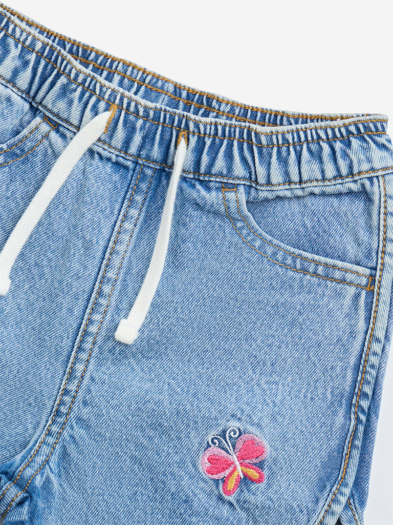 HOP Kids Light Blue Embroidered Mid-Rise Denim Shorts