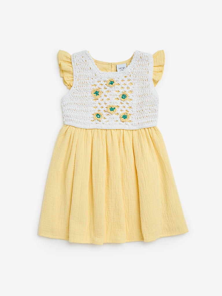 HOP Kids Yellow Crochet Detailed Cotton Fit-and-Flare Dress