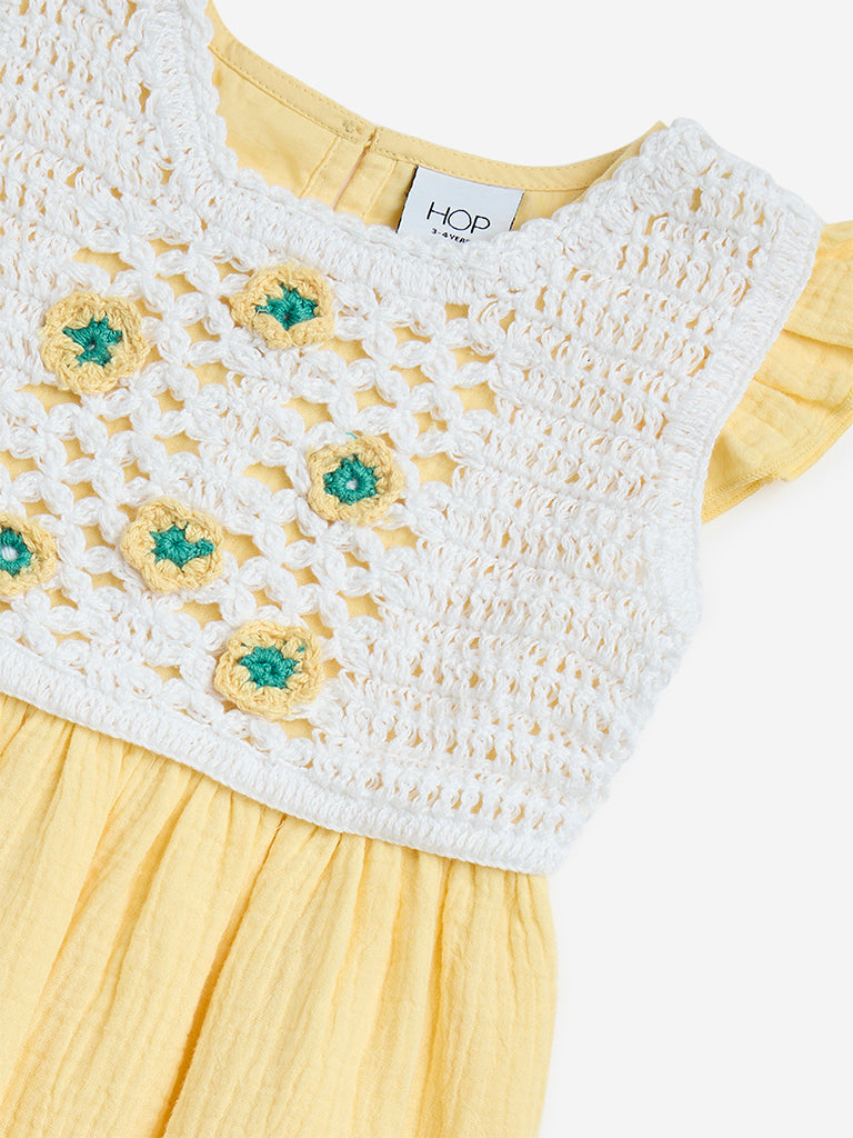 HOP Kids Yellow Crochet Detailed Cotton Fit-and-Flare Dress