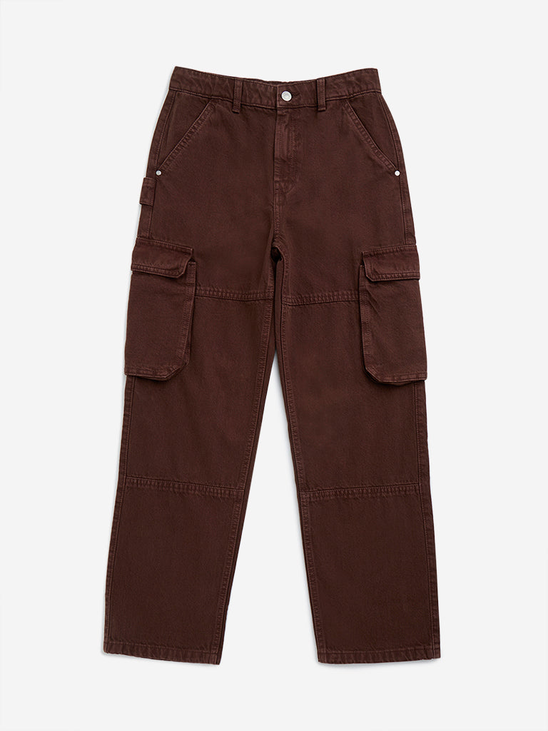 Y&F Kids Brown Cargo-Style Mid - Rise Relaxed - Fit Jeans