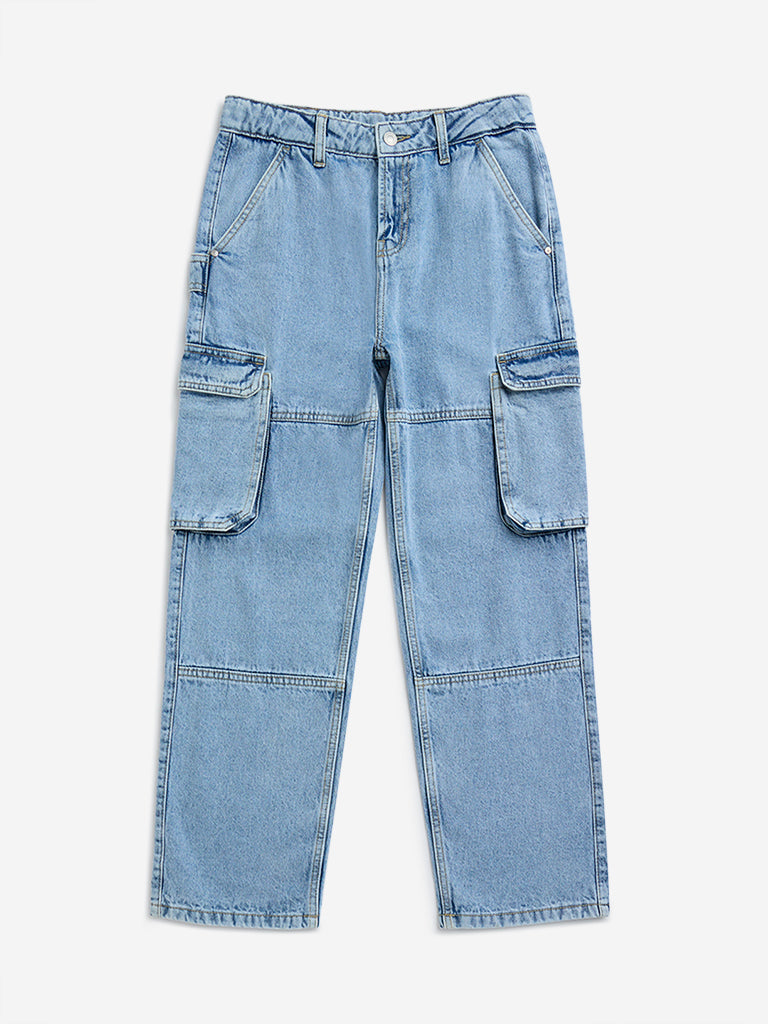 Y&F Kids Blue Cargo-Style Relaxed - Fit High - Rise Jeans