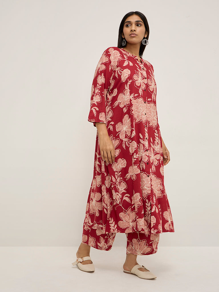 Diza Red Floral Design A-Line Kurta