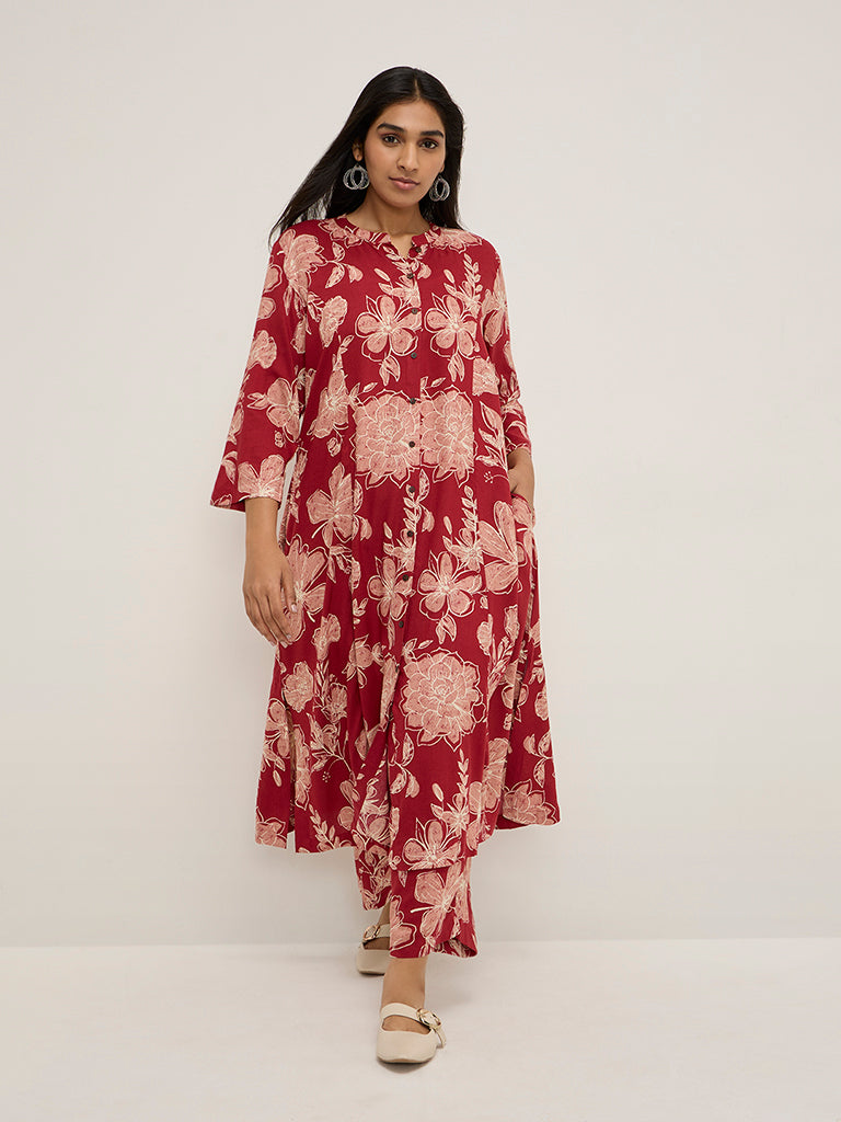 Diza Red Floral Design A-Line Kurta