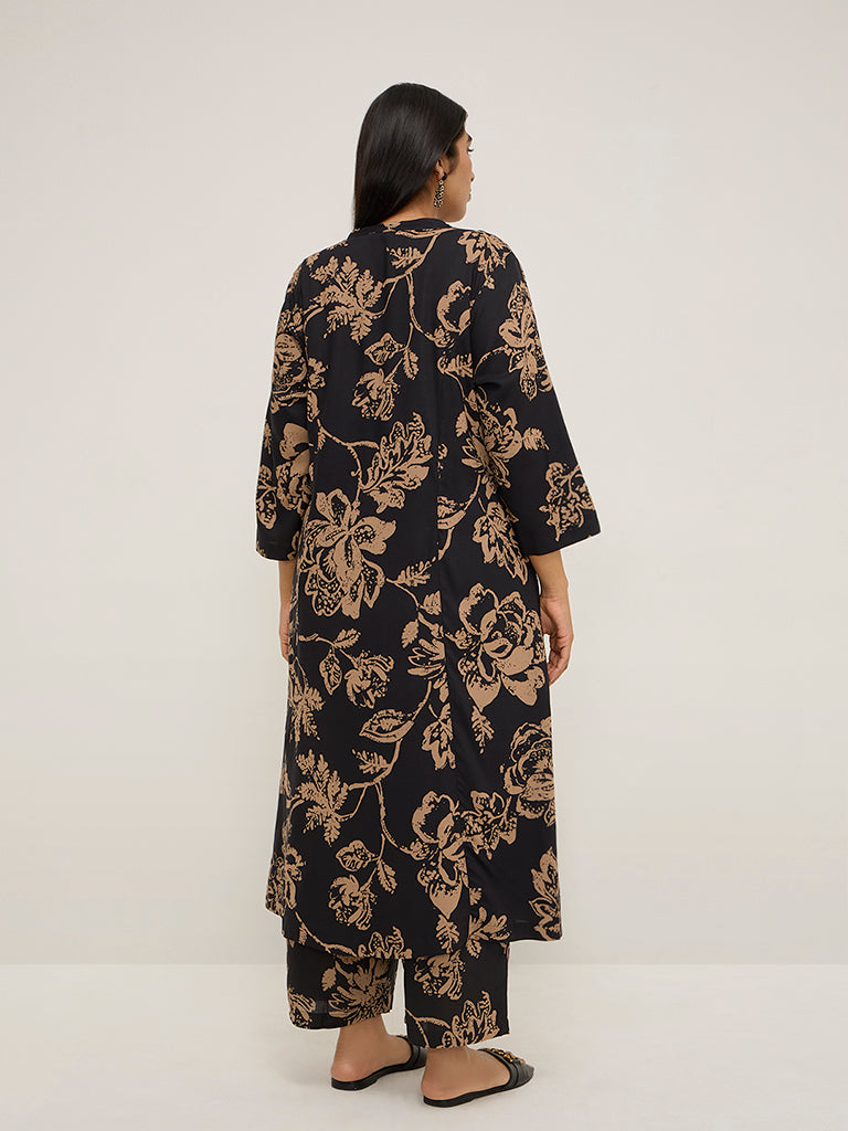 Diza Black Floral Printed A-Line Kurta