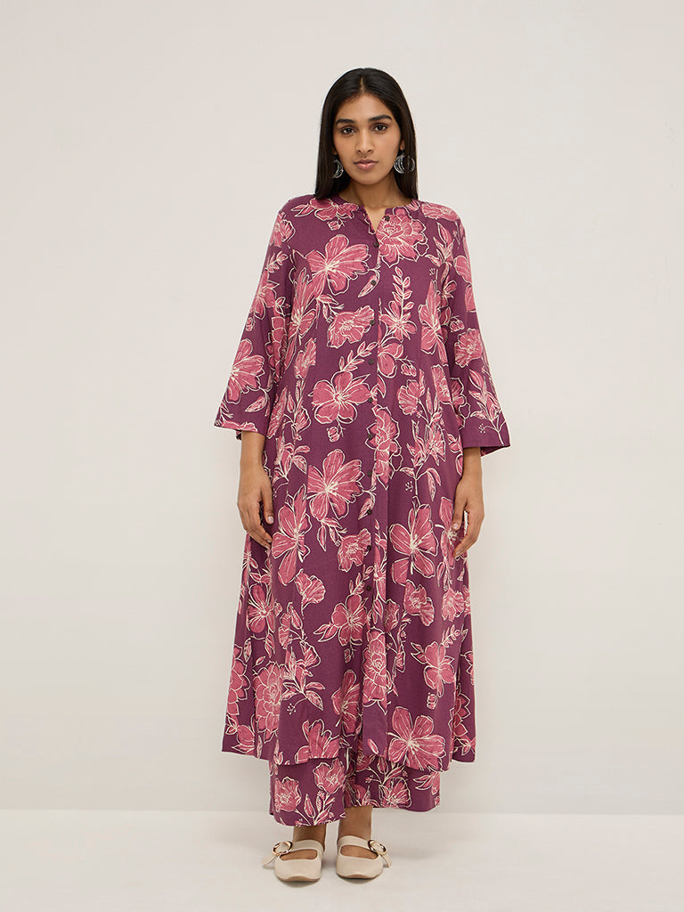 Diza Magenta Floral Design A-Line Kurta