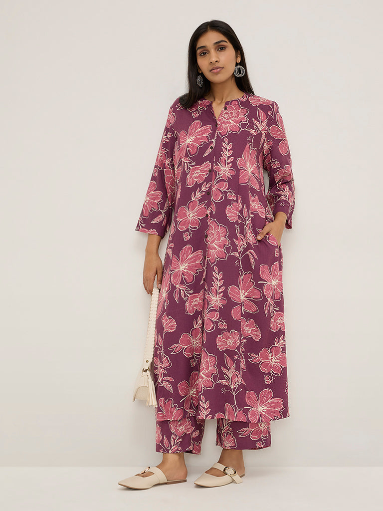 Diza Magenta Floral Design A-Line Kurta