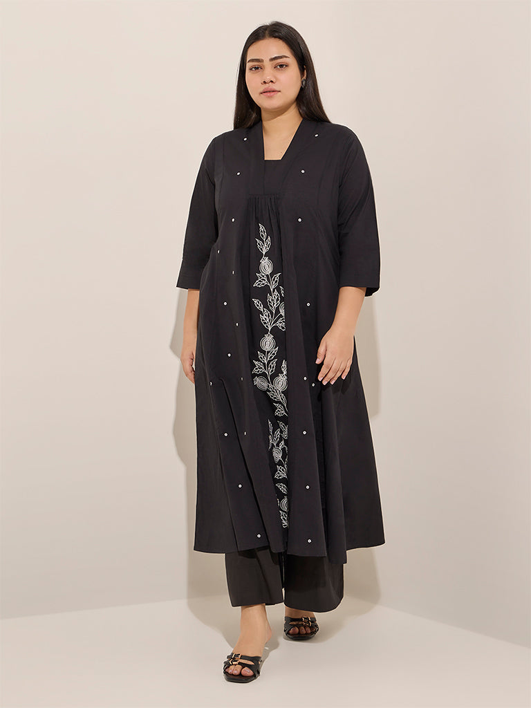 Diza Black Floral Embroidered Cotton A-Line Kurta