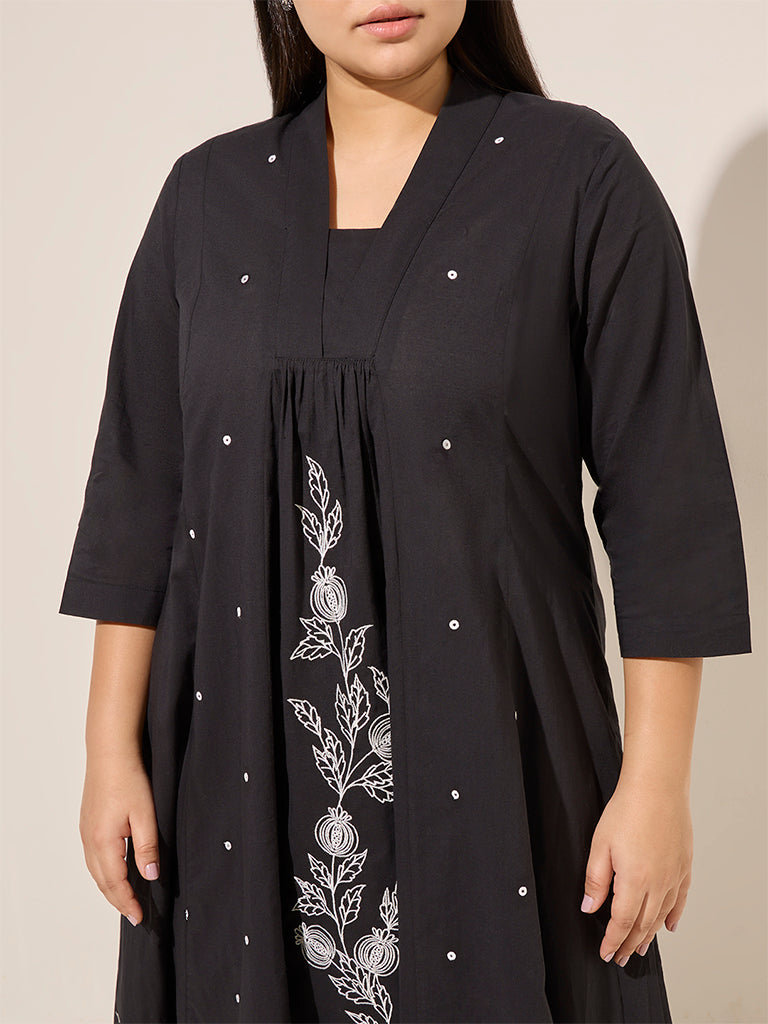 Diza Black Floral Embroidered Cotton A-Line Kurta