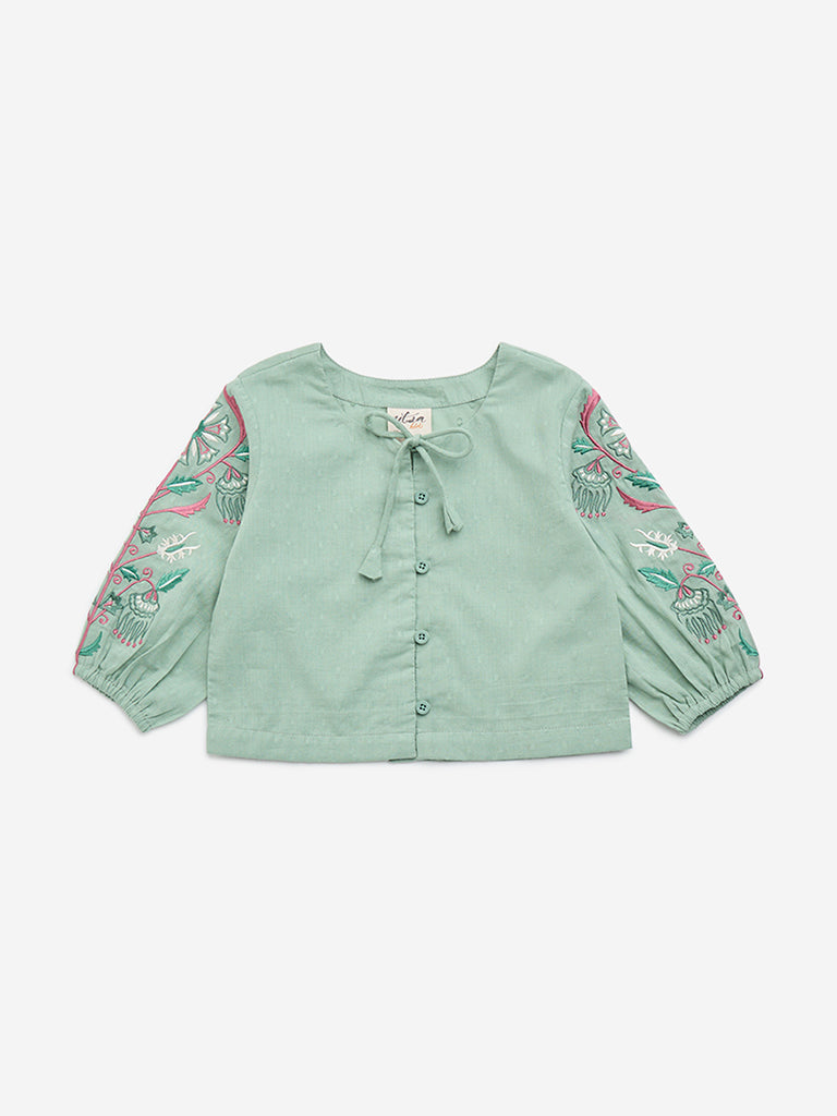 Utsa Kids Sea Green Floral Embroidered Cotton-Blend Top - (2-8yrs)