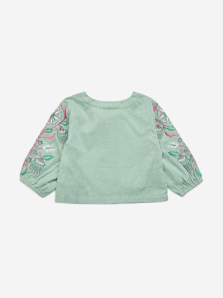 Utsa Kids Sea Green Floral Embroidered Cotton-Blend Top - (2-8yrs)