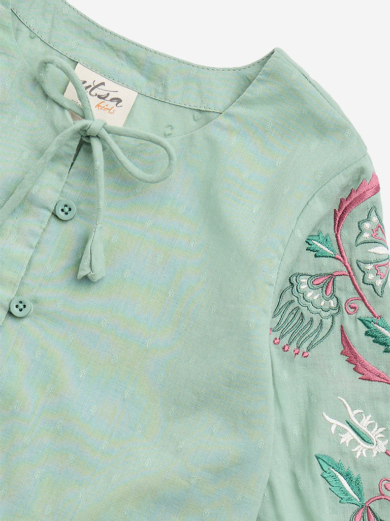 Utsa Kids Sea Green Floral Embroidered Cotton-Blend Top - (2-8yrs)