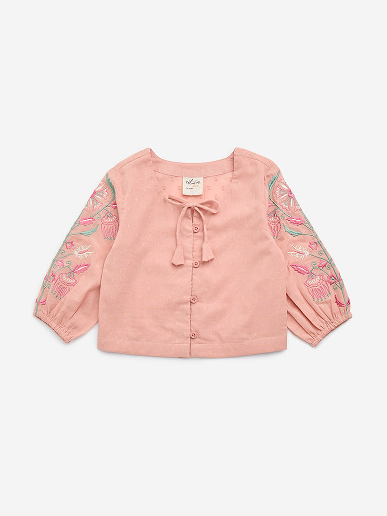 Utsa Kids Peach Floral Embroidered Cotton-Blend Top - (2-8yrs)