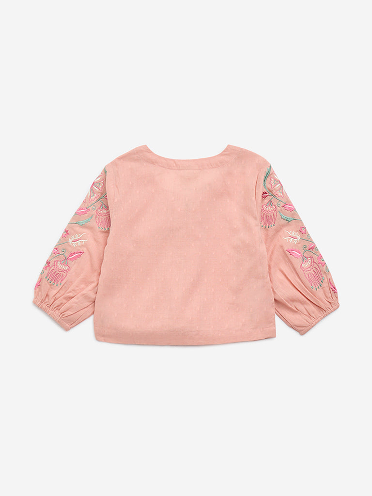 Utsa Kids Peach Floral Embroidered Cotton-Blend Top - (2-8yrs)