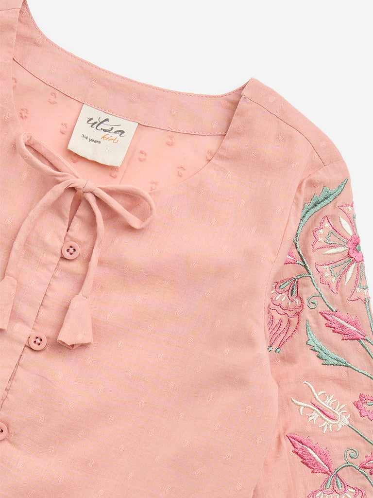 Utsa Kids Peach Floral Embroidered Cotton-Blend Top - (2-8yrs)