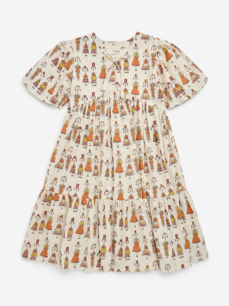 Utsa Kids Ivory Folk Inspired Cotton-Blend A-Line Dress - (8-14yrs)