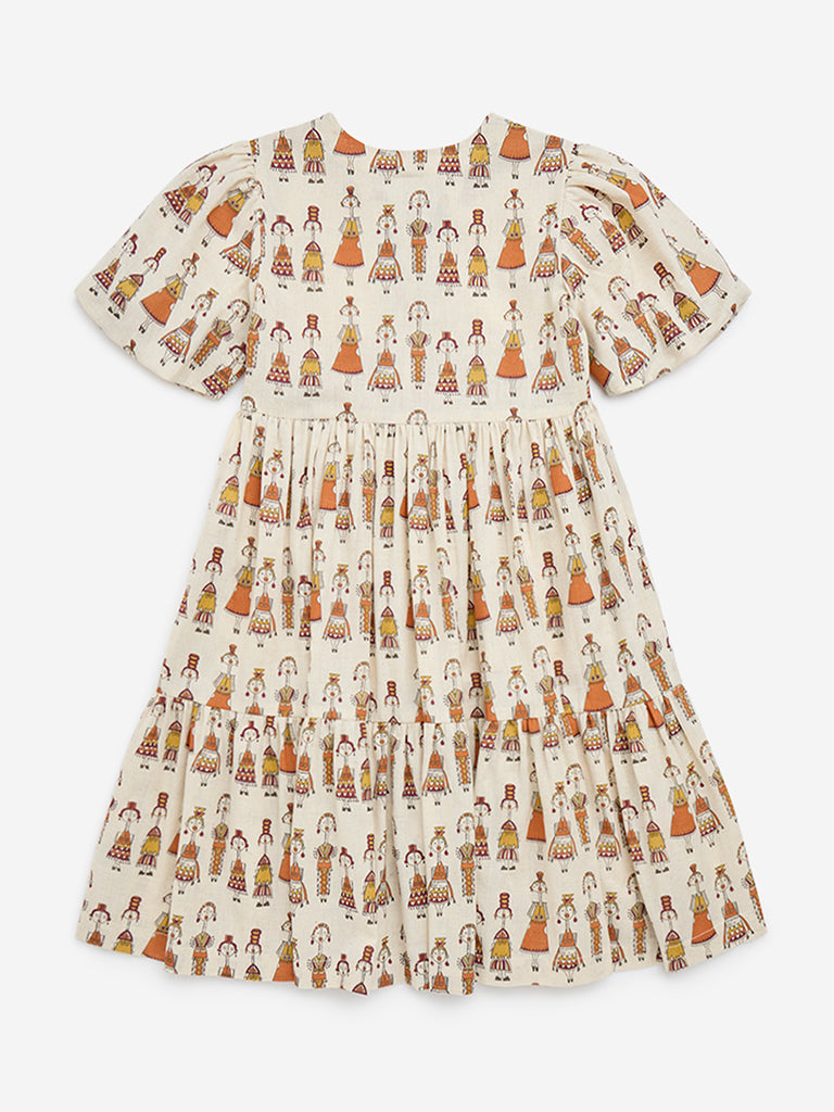 Utsa Kids Ivory Folk Inspired Cotton-Blend A-Line Dress - (8-14yrs)