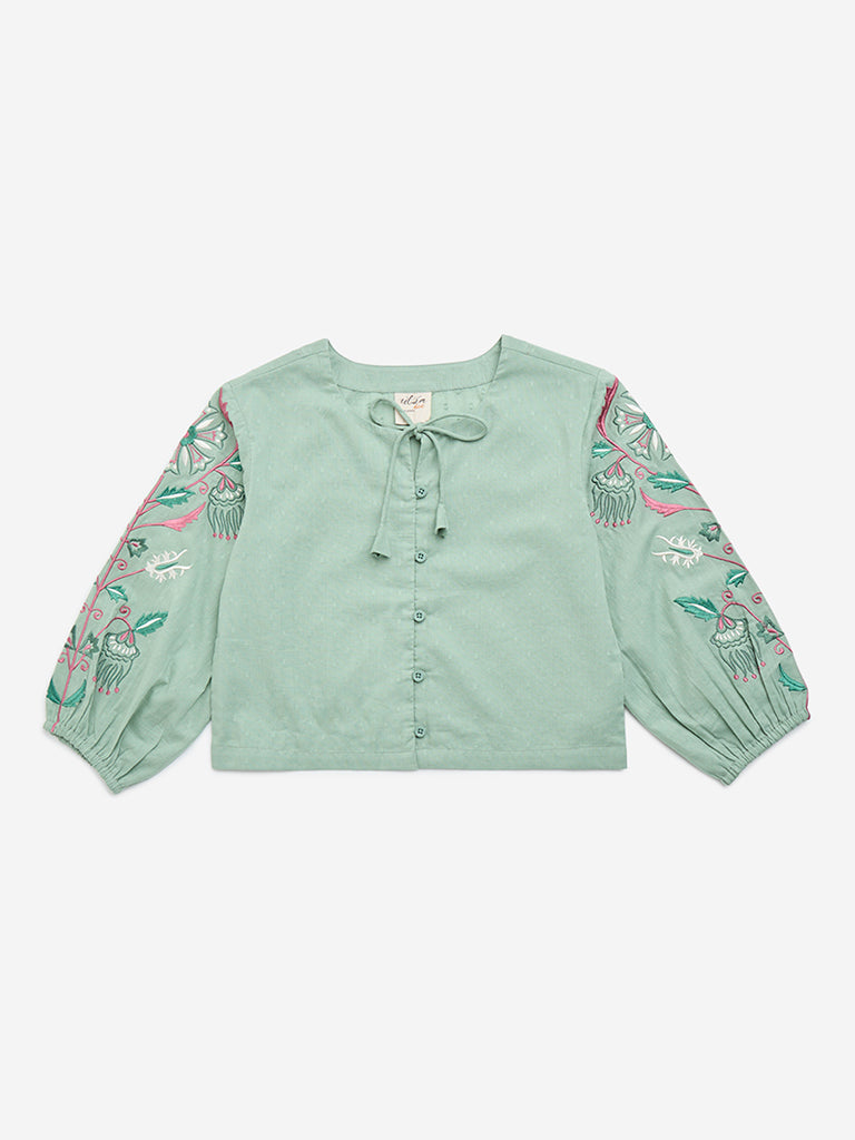 Utsa Kids Sea Green Floral Embroidered Cotton-Blend Top - (8-14yrs)