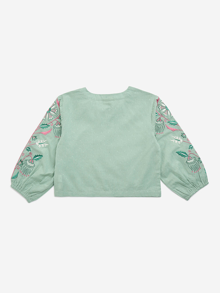 Utsa Kids Sea Green Floral Embroidered Cotton-Blend Top - (8-14yrs)