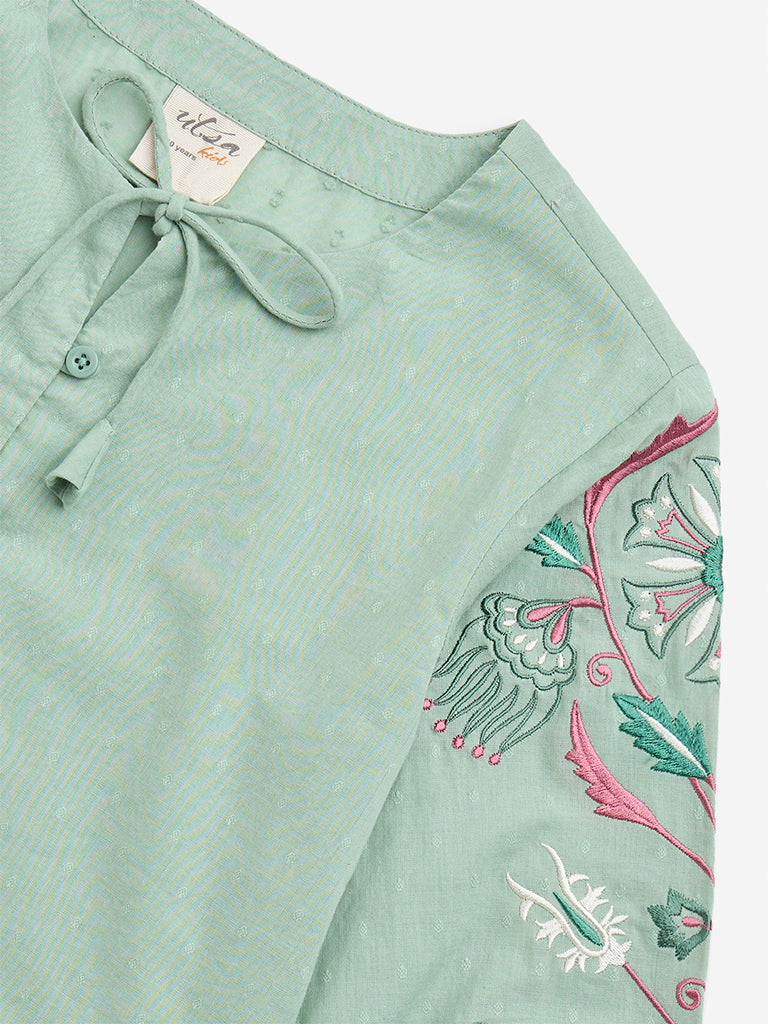 Utsa Kids Sea Green Floral Embroidered Cotton-Blend Top - (8-14yrs)