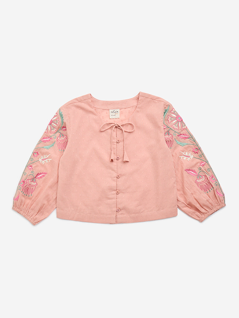 Utsa Kids Peach Floral Embroidered Cotton-Blend Top - (8-14yrs)